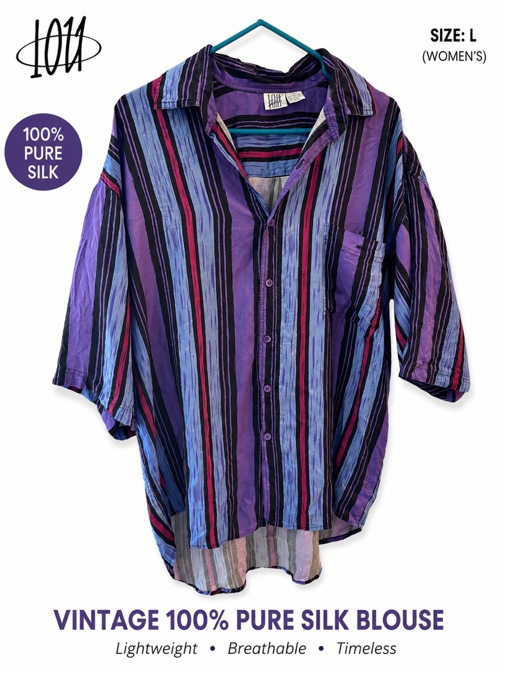 Vintage BOHO Silk Striped Button-Up Shirt - Purple